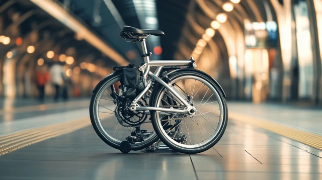 リアラックを装着したBrompton T-Lineの折り畳み転がし状態