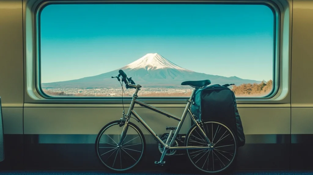 新幹線車内のブロンプトンT-Lineと富士山